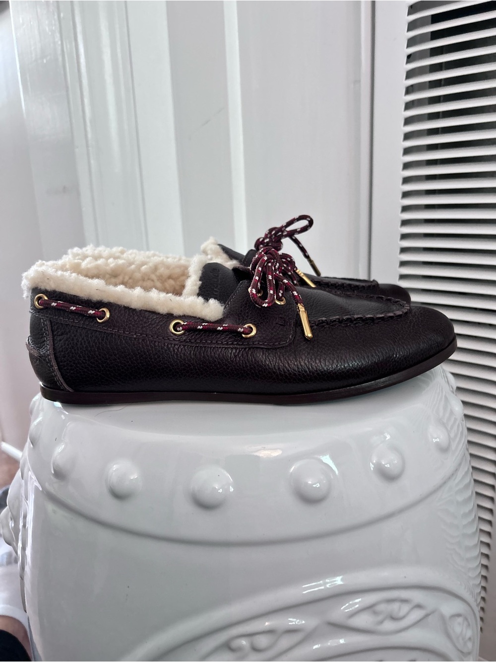 Larroude Cyprus Boat Shoe In Brown Leather and Natural Shearling US 9